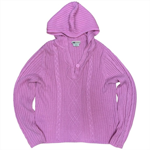 Vintage Y2K Faded Glory Pink Hooded Cable Knit Sweater Ribbed Missy L Fits S/M - Picture 1 of 7